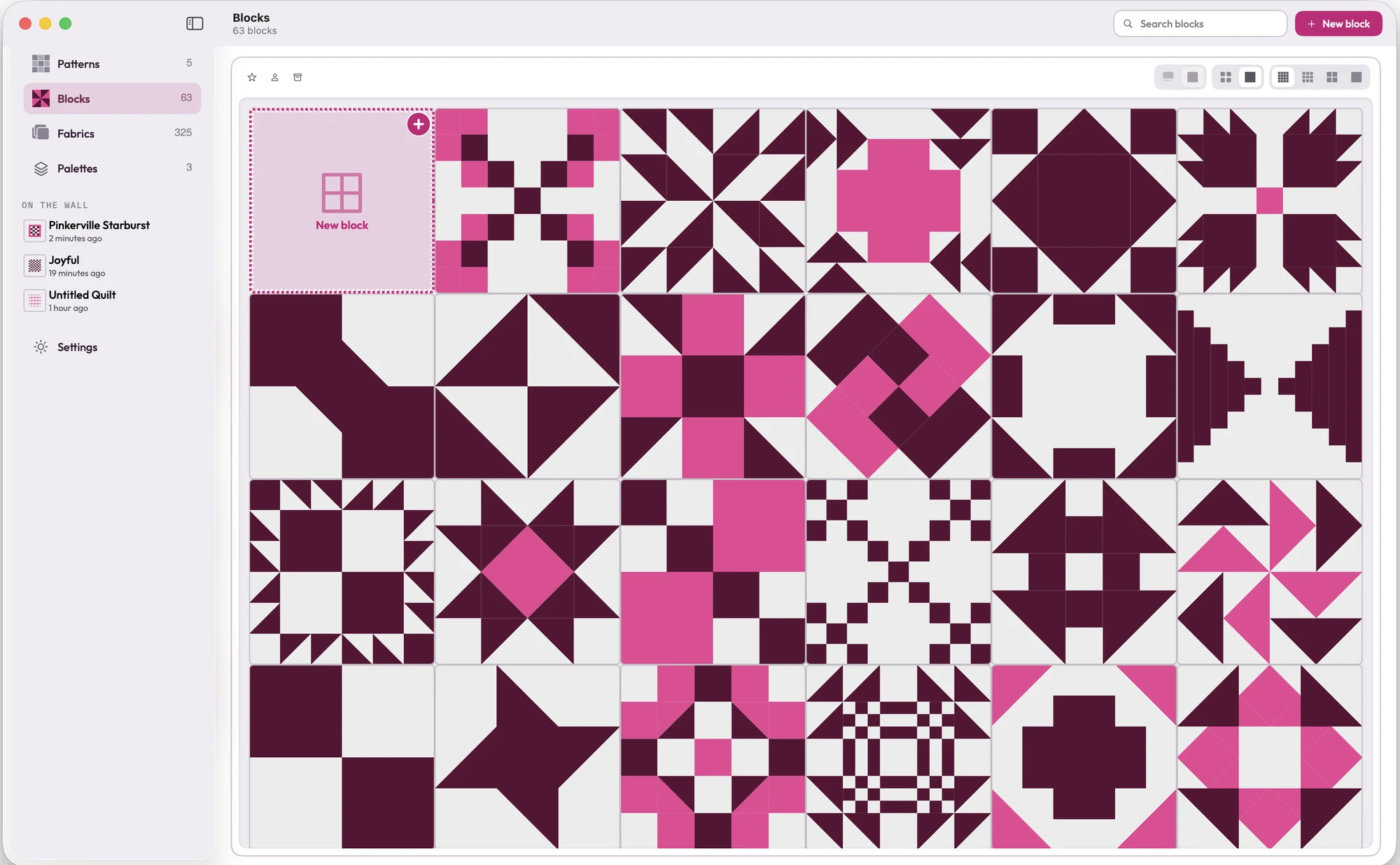The block library in Design Wall on Mac: a board of traditional quilt blocks such as stars and crosses, drawn in plum and pink as tiles, beside a New block tile; the header counts 63 blocks.