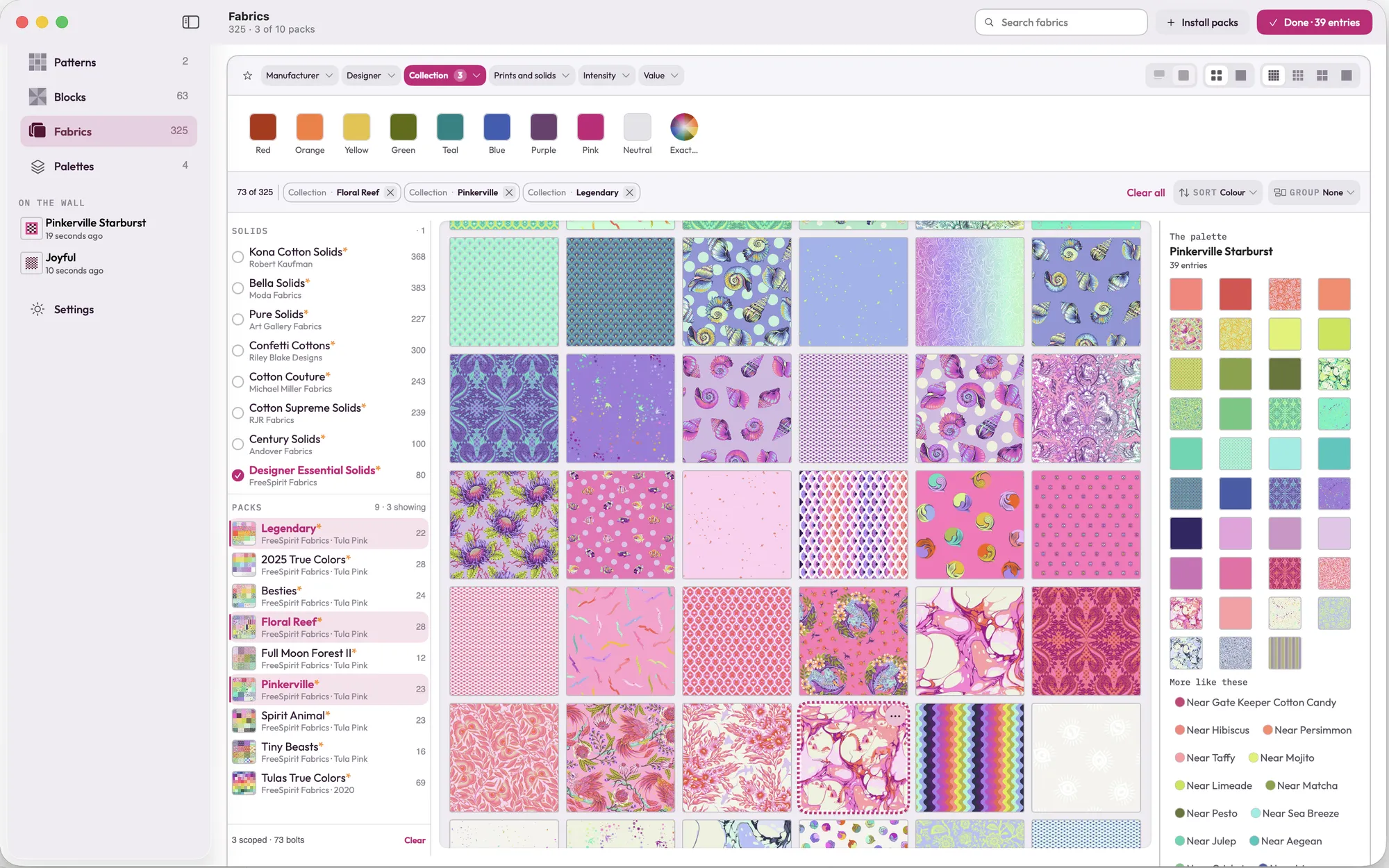 The Fabrics board in Design Wall on Mac: Tula Pink prints from three collections shown as swatches, with filters for maker, designer, collection and color along the top, and the Pinkerville Starburst palette in a panel on the right.
